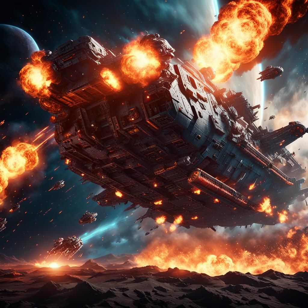 Burning Spaceship Warship Crashing Into Planet