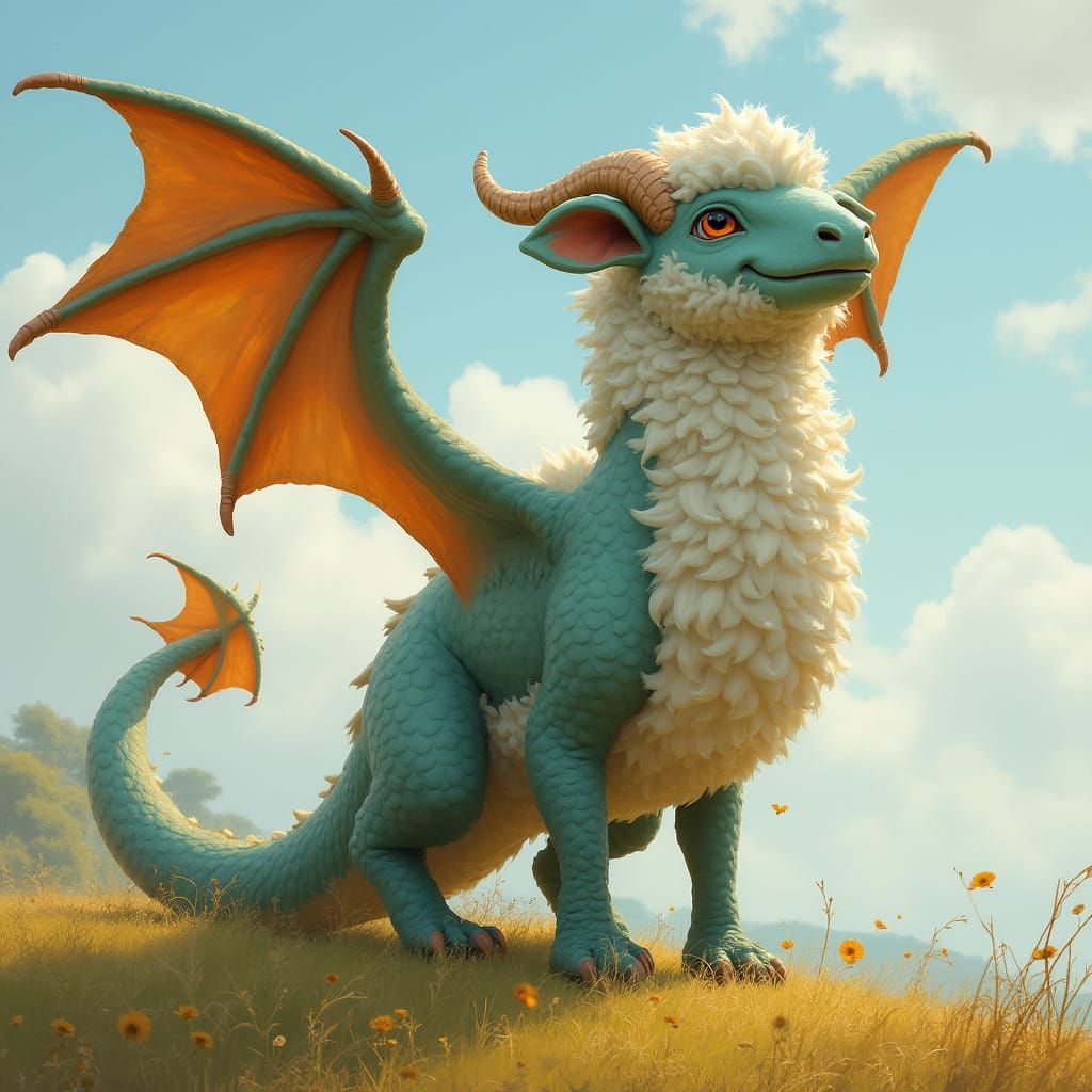 Dragon-Sheep Hybrid in Pastoral Landscape