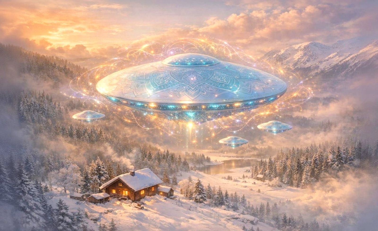 Ethereal Spaceship Hovers Over Snowy Cabin at Dawn