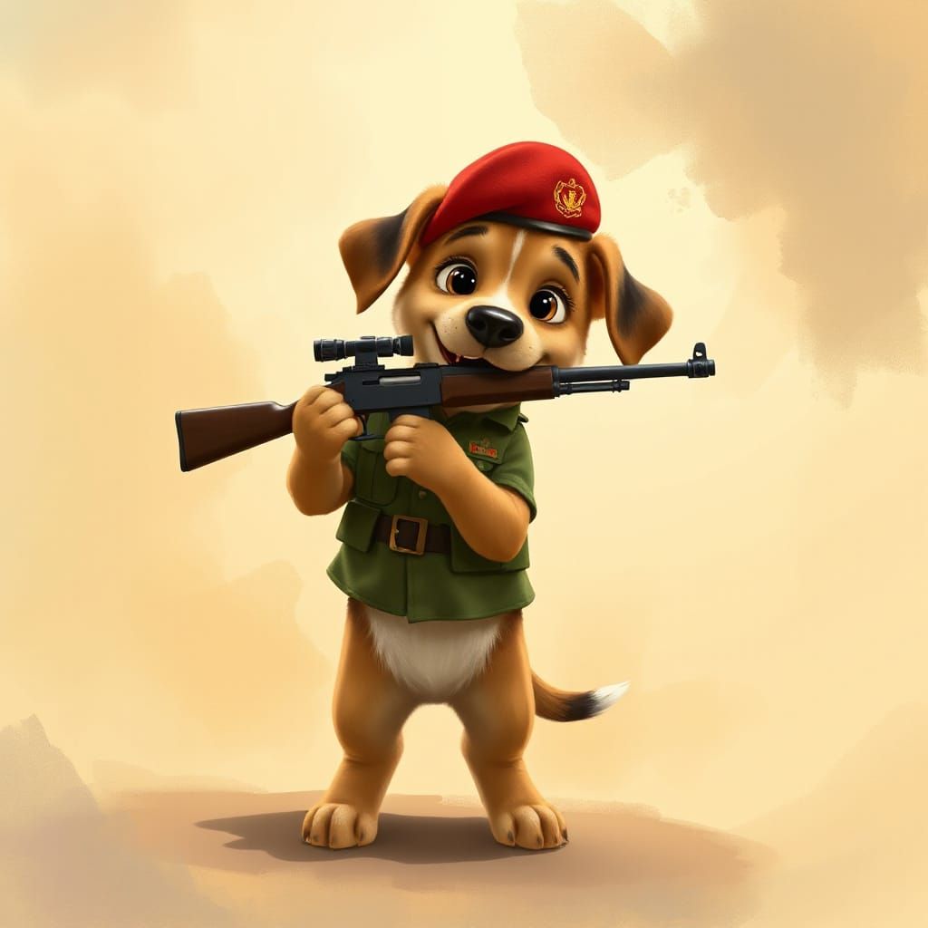 Playful Army Puppy in a Classic Cartoon Whimsy Style