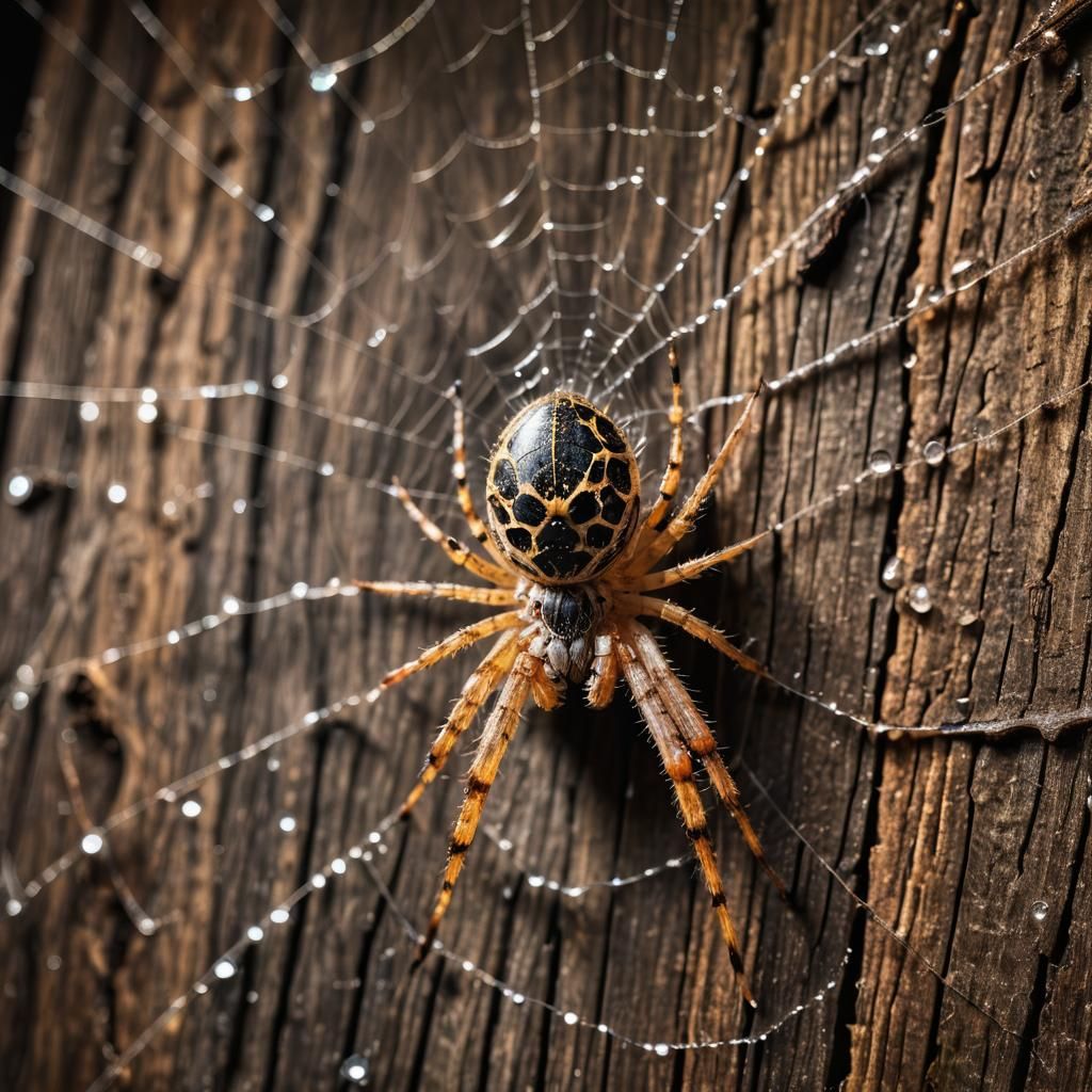 Hyperrealistic Spider on Dewy Web in Cabin