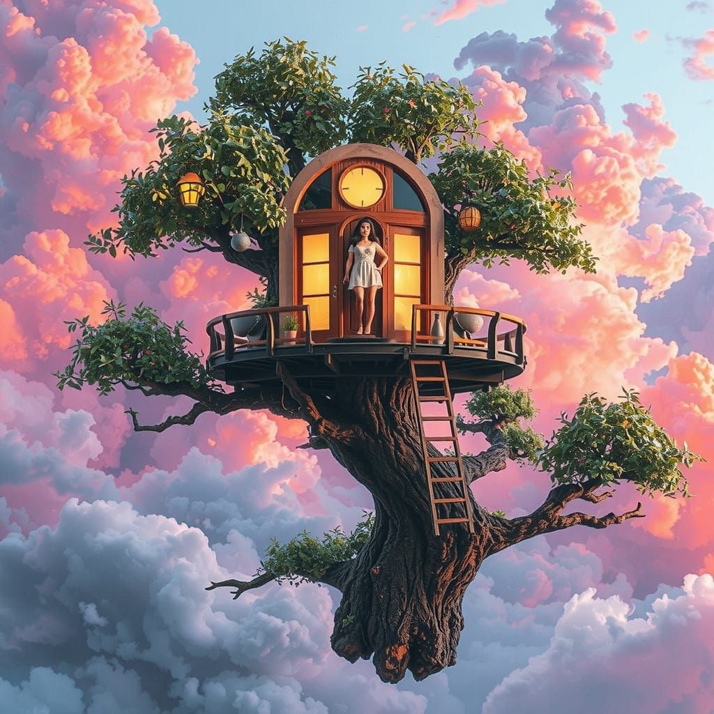 Stylish Cloudy Steel Diorama with Floating Treehouse