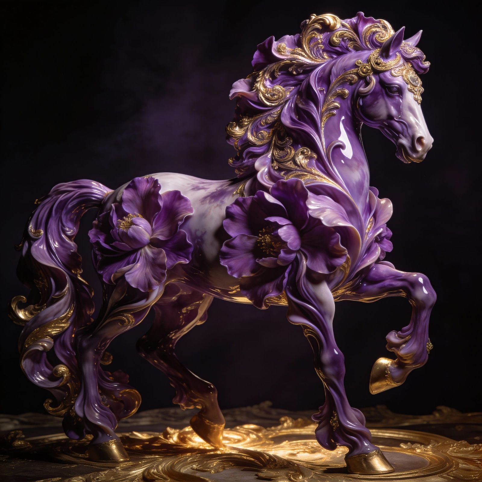 Opulent Violet Baroque Horse Adorned with Flowers