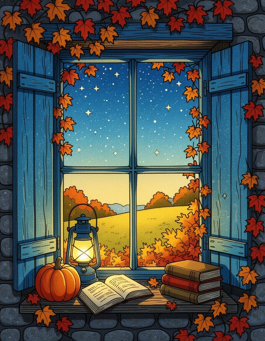 Cozy Autumn Night Through Rustic Window