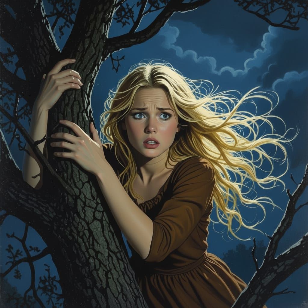 Terrified Woman Clings to Tree in Dramatic Night Scene