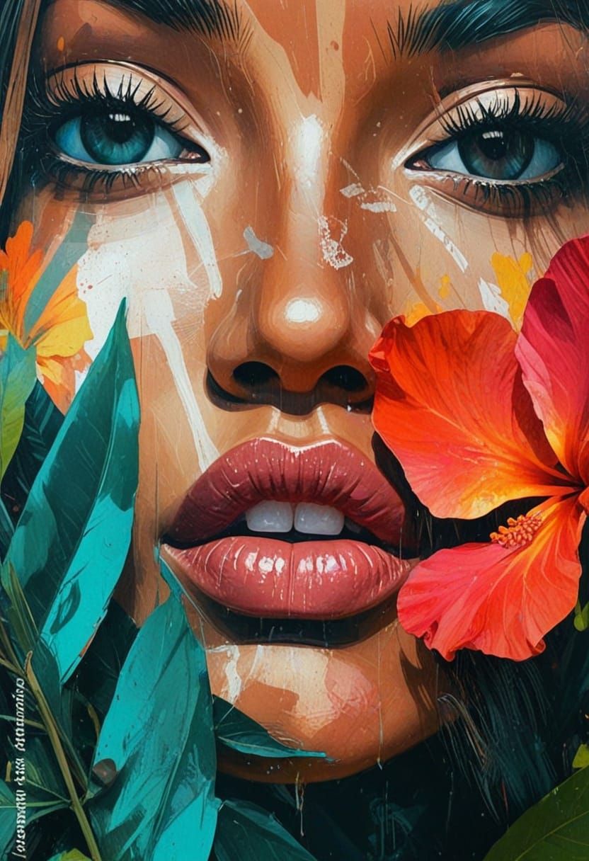 Vibrant Hula Dancer with Tropical Flowers in Graffiti Style