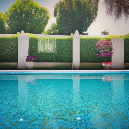 Hyperrealistic Swimming Pool with Flowers in Sunlight