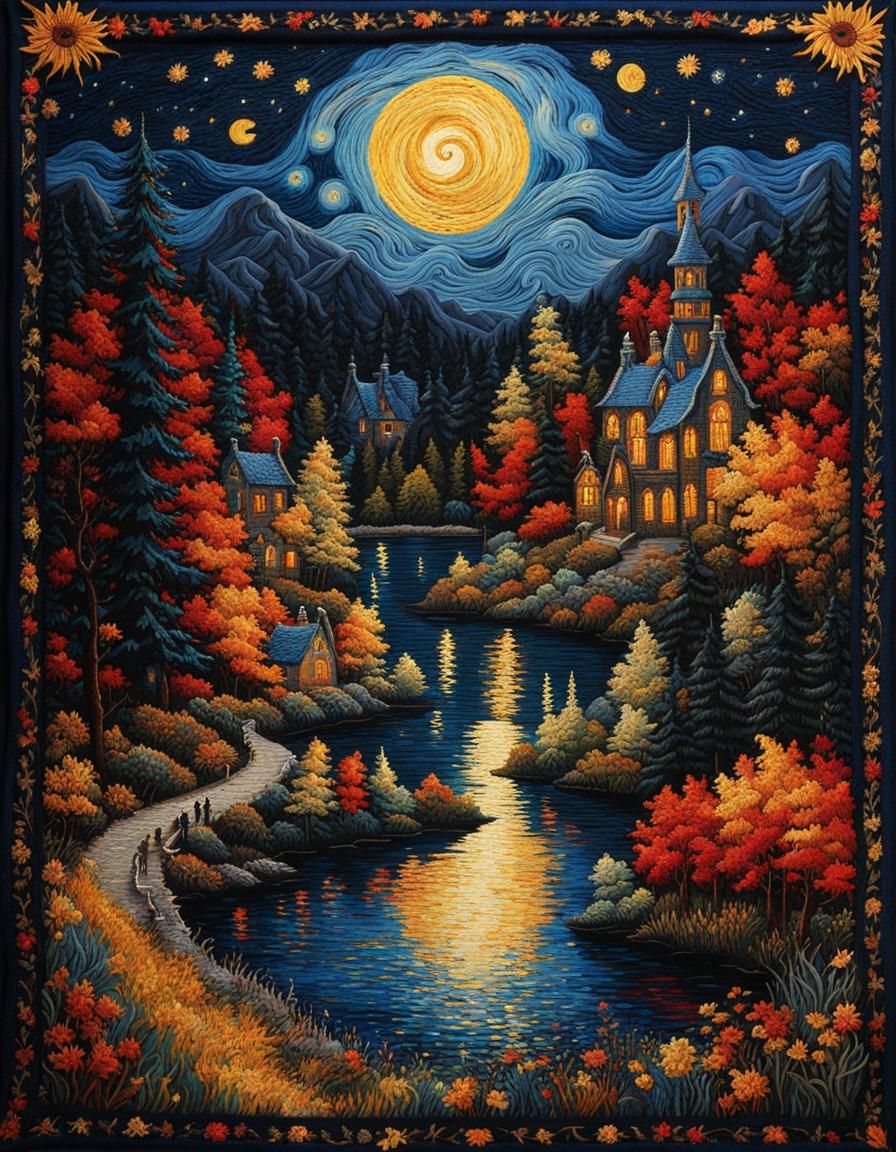 Gothic Embroidered Lake at Night in Van Gogh Style