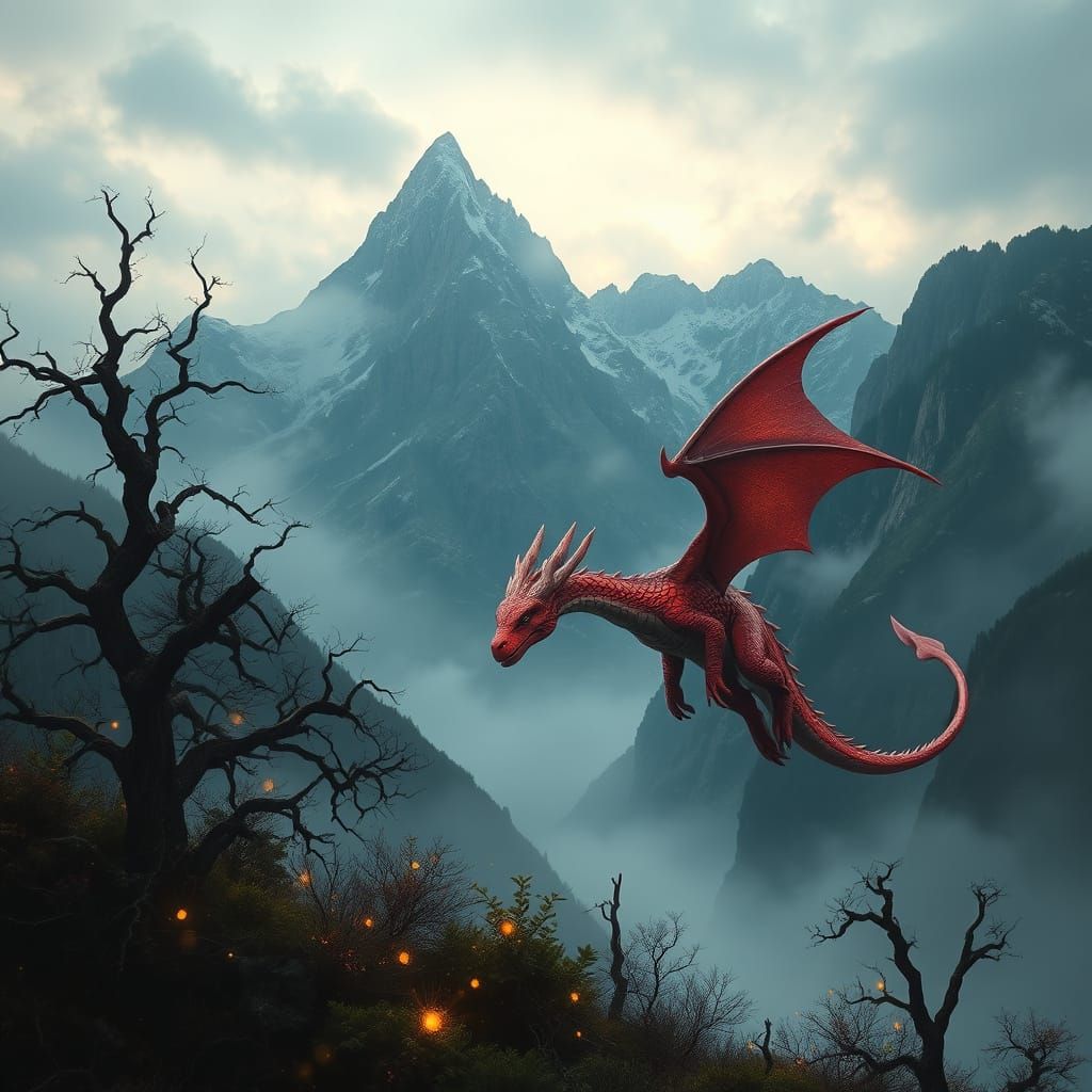 Majestic Scarlet Dragon in Mystical Landscape