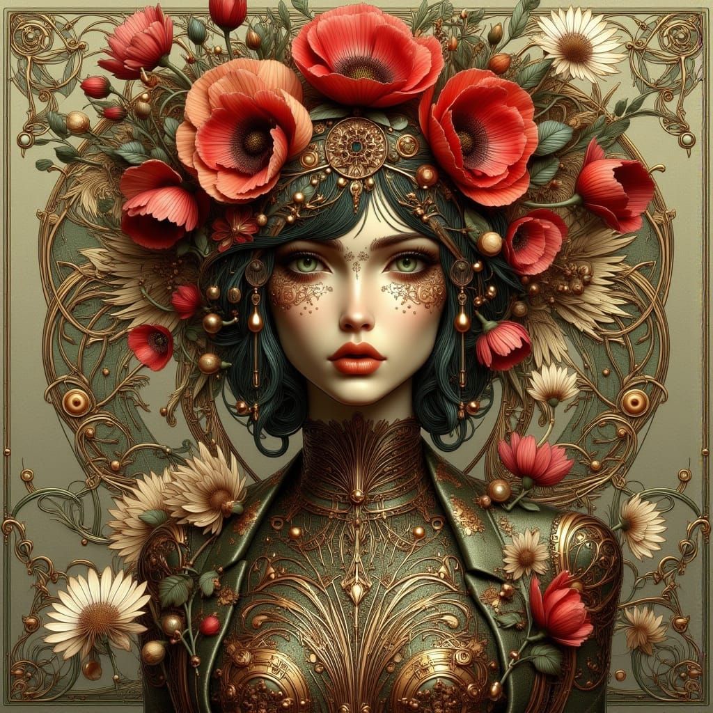 Biomechanical Art Nouveau Punk Portrait with Flowers