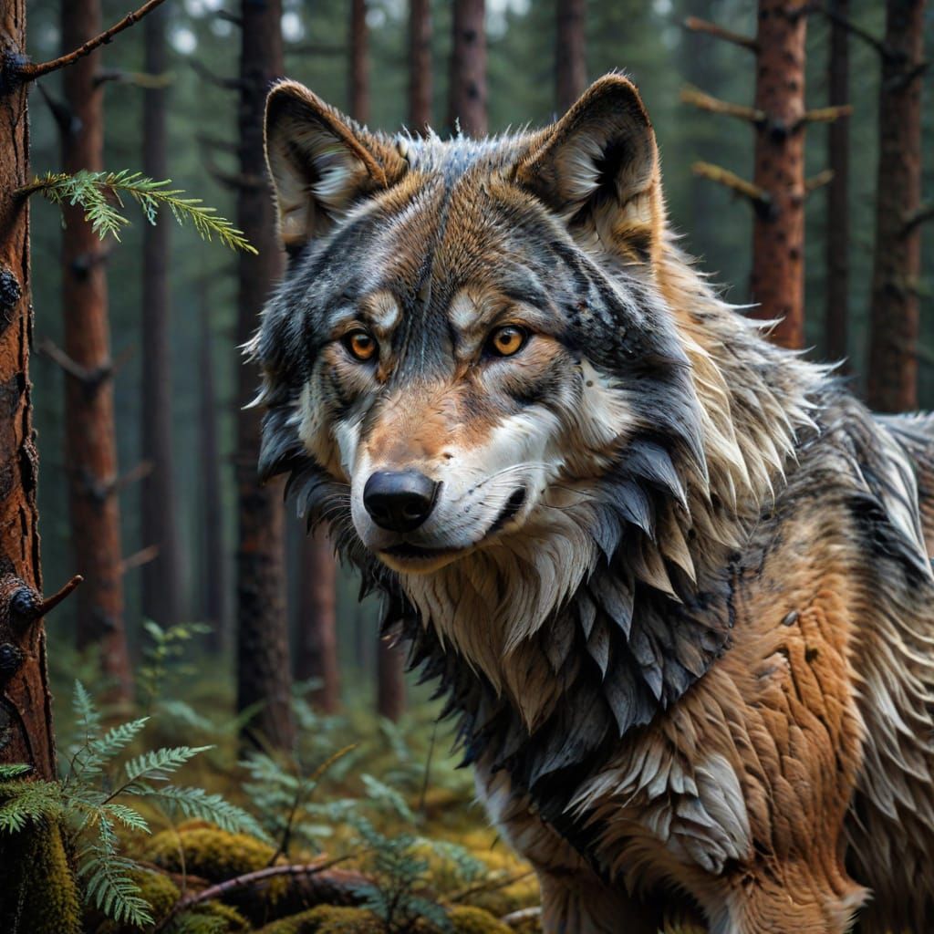 Grey Wolf in Taiga as Impasto Painting