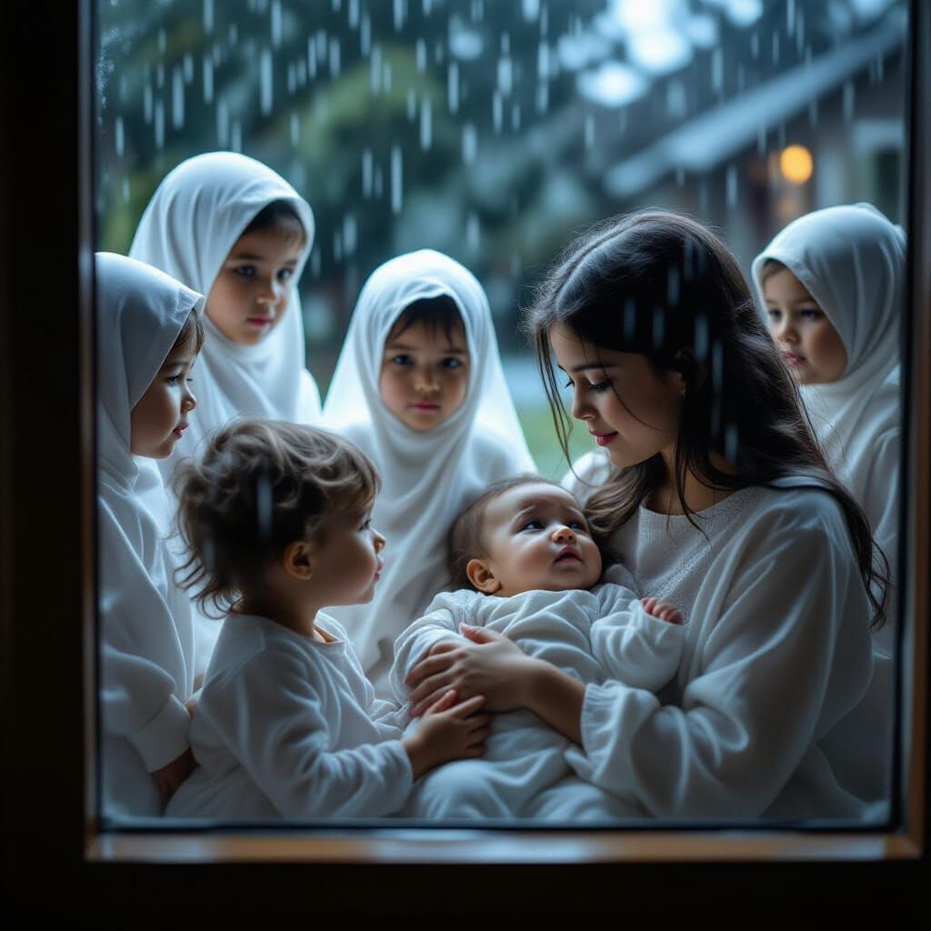 Translucent Ghost Children Gaze Longingly in the Rain