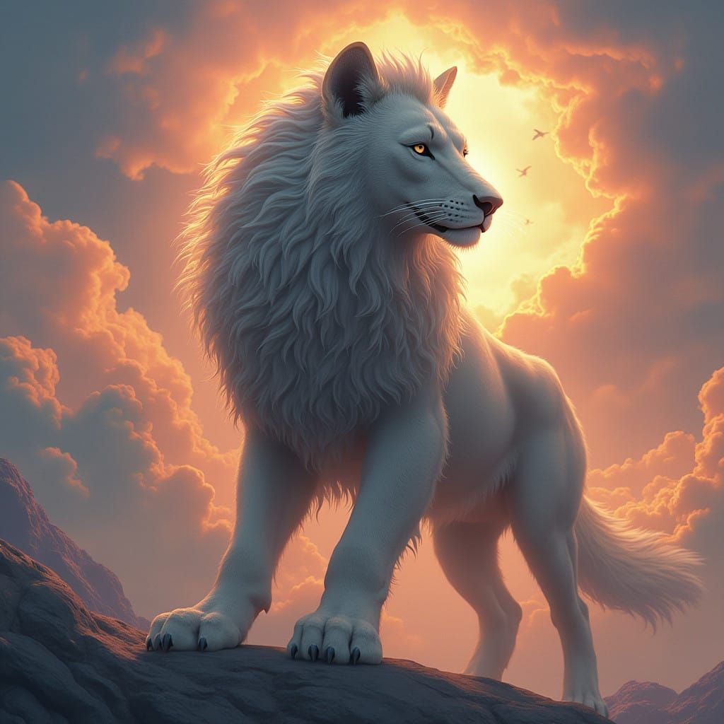 Regal Hybrid Beast of Lion and Wolf in Vibrant Fantasy Lands...