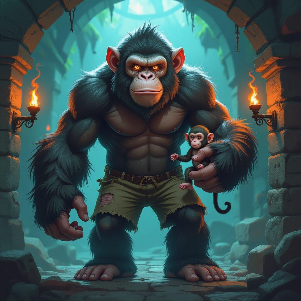 Giant Monkey in Dungeon, Airbrushed Digital Art