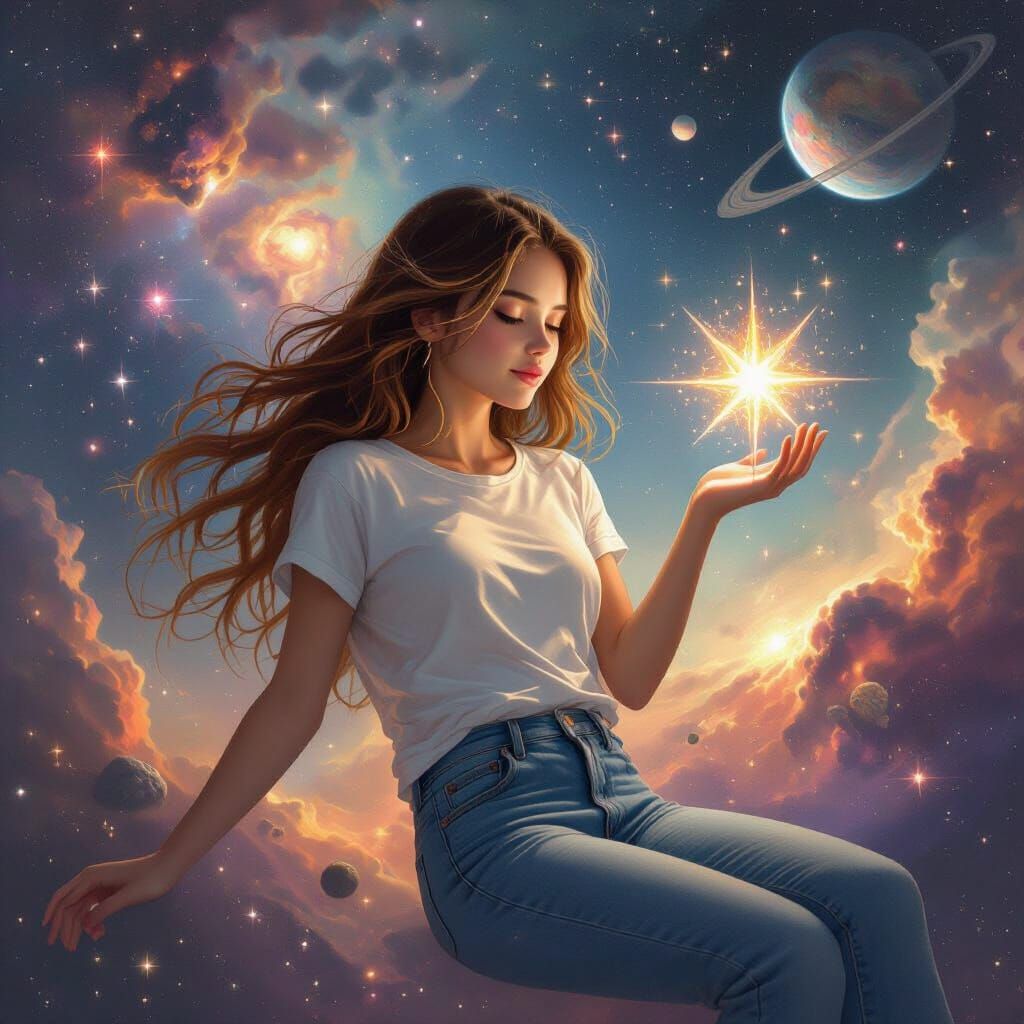 Girl Floating in Space with Star, Digital Art