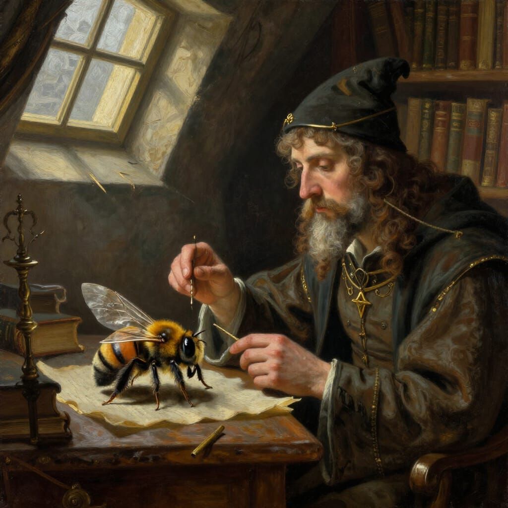 Mediaeval Magician Studies Mysterious Creature in Dusty Stud...