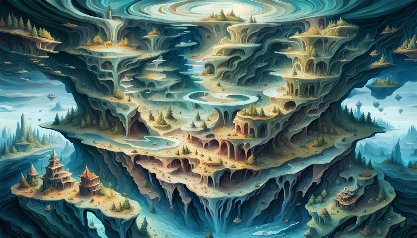 Surreal Landscape with Abstract Architecture and Floating Is...