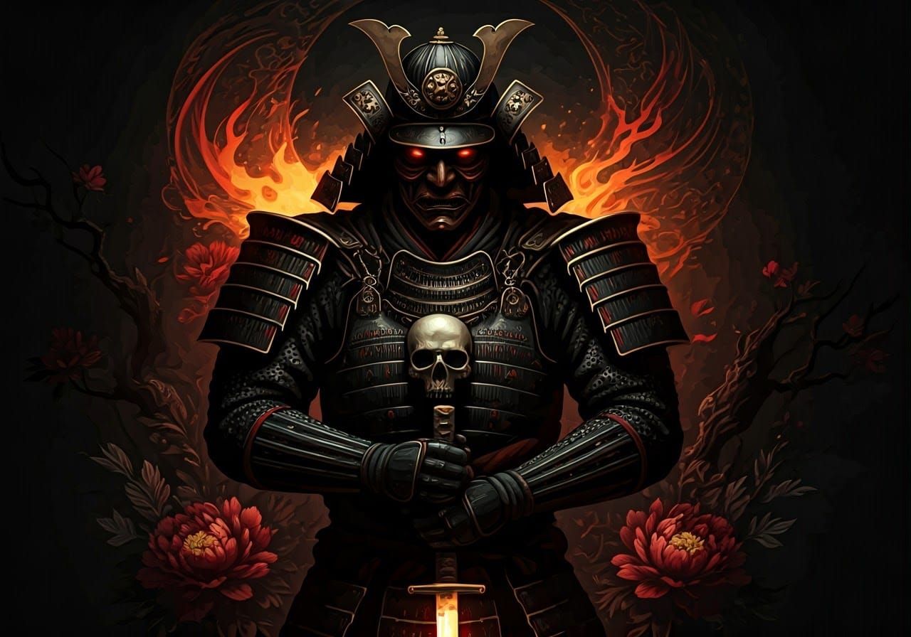 Samurai Warrior in Shadowy, High-Contrast Armor