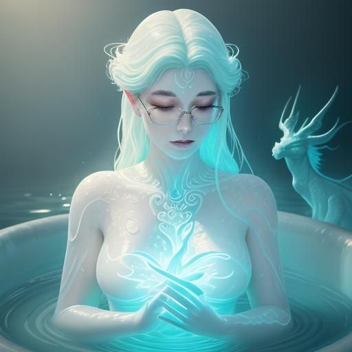 Luminous Glass Woman in Milk Bath with Dragons