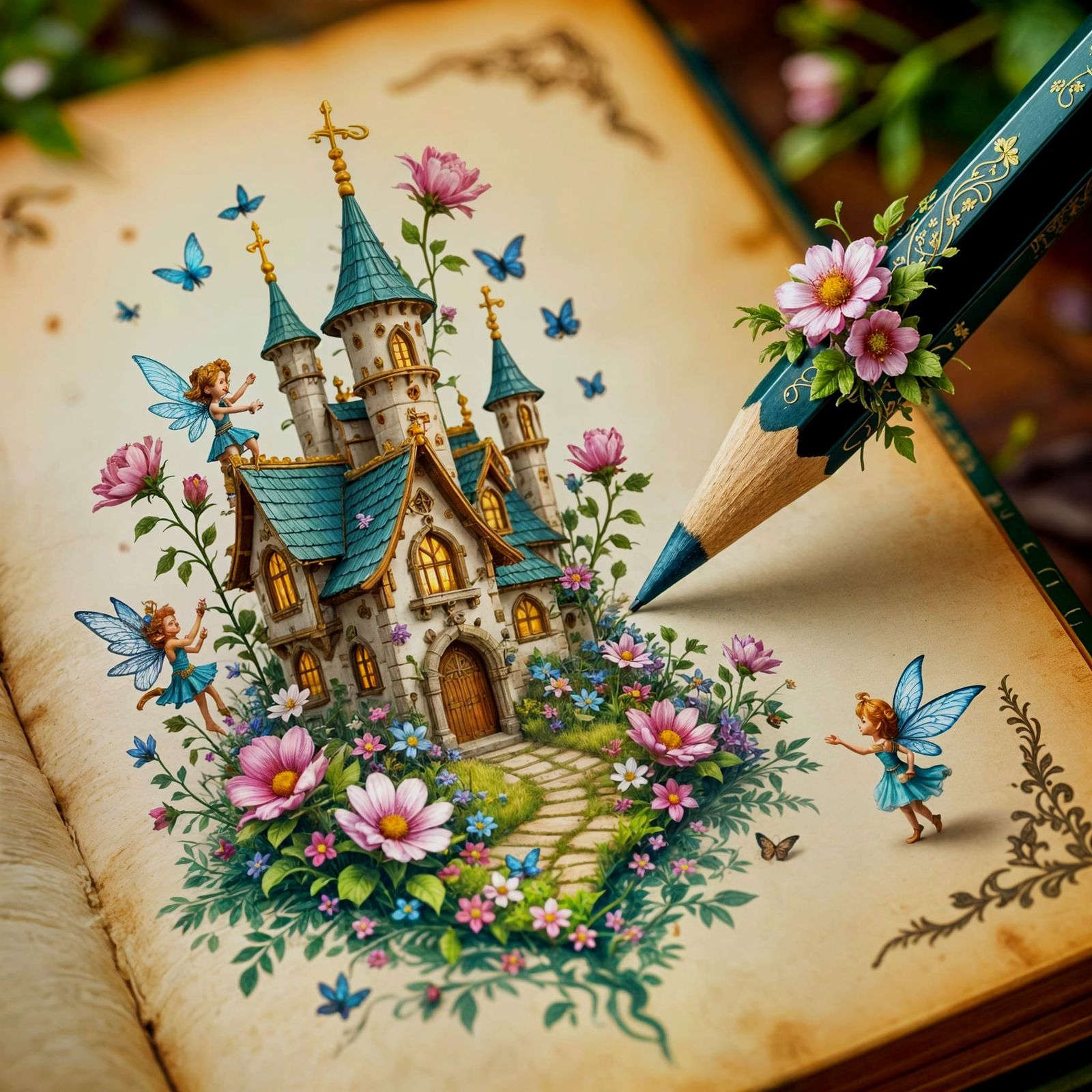 Whimsical Fairy City Drawn on Antique Storybook