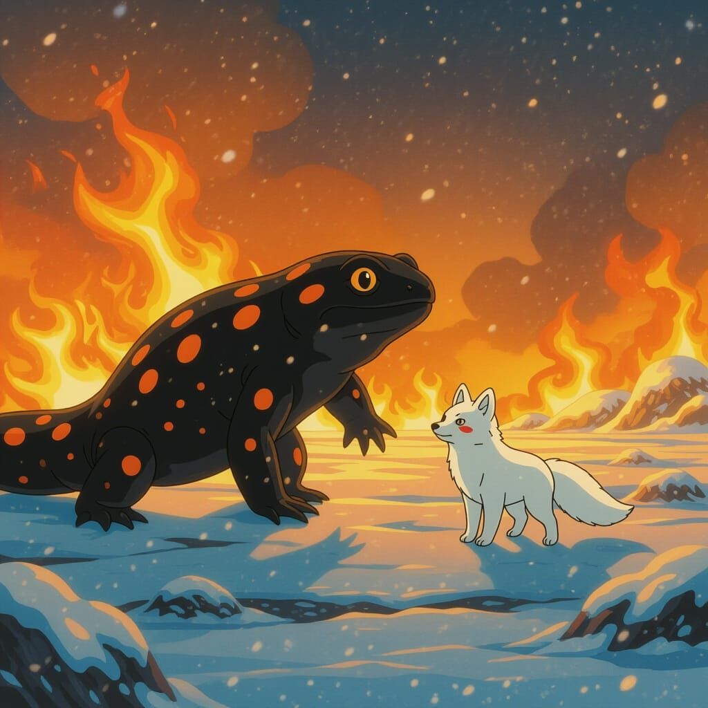 Fire Salamander and Ice Fox in Anime Style