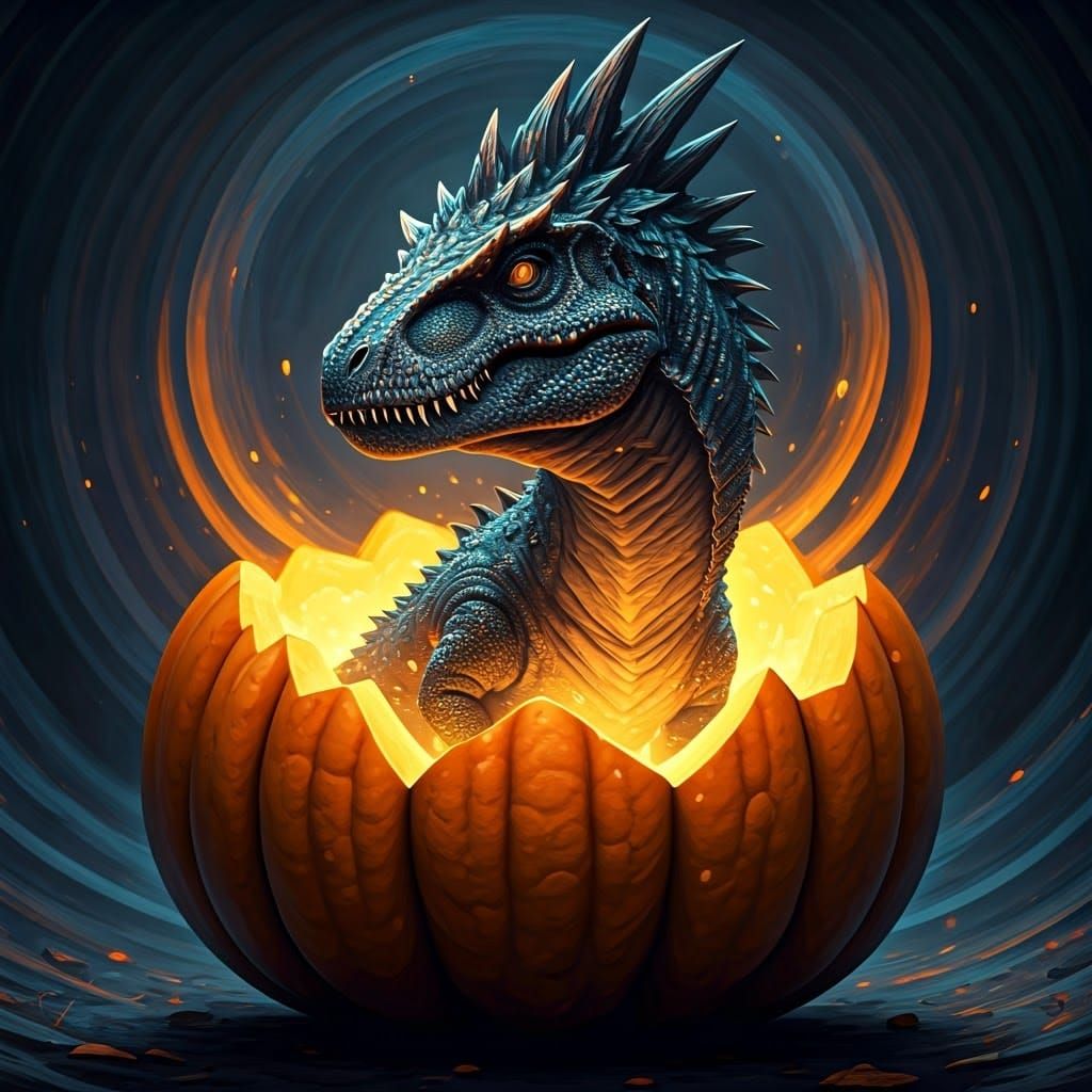 Dinosaur Emerges from Glowing Pumpkin, Detailed Matte Painti...