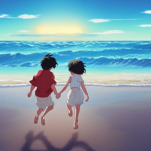 Children Running on Beach in Ghibli Anime Style
