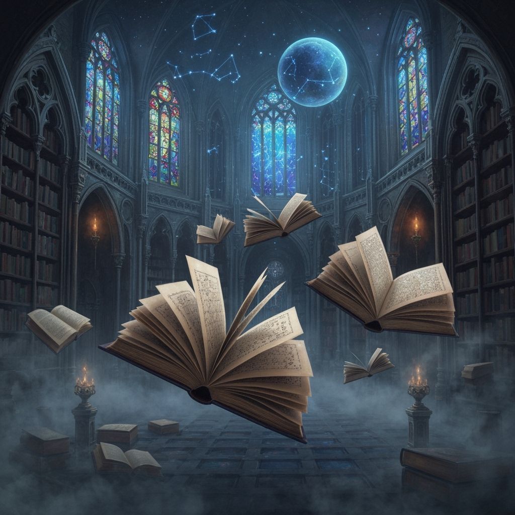 Ancient Library with Floating Books and Cosmic Runes