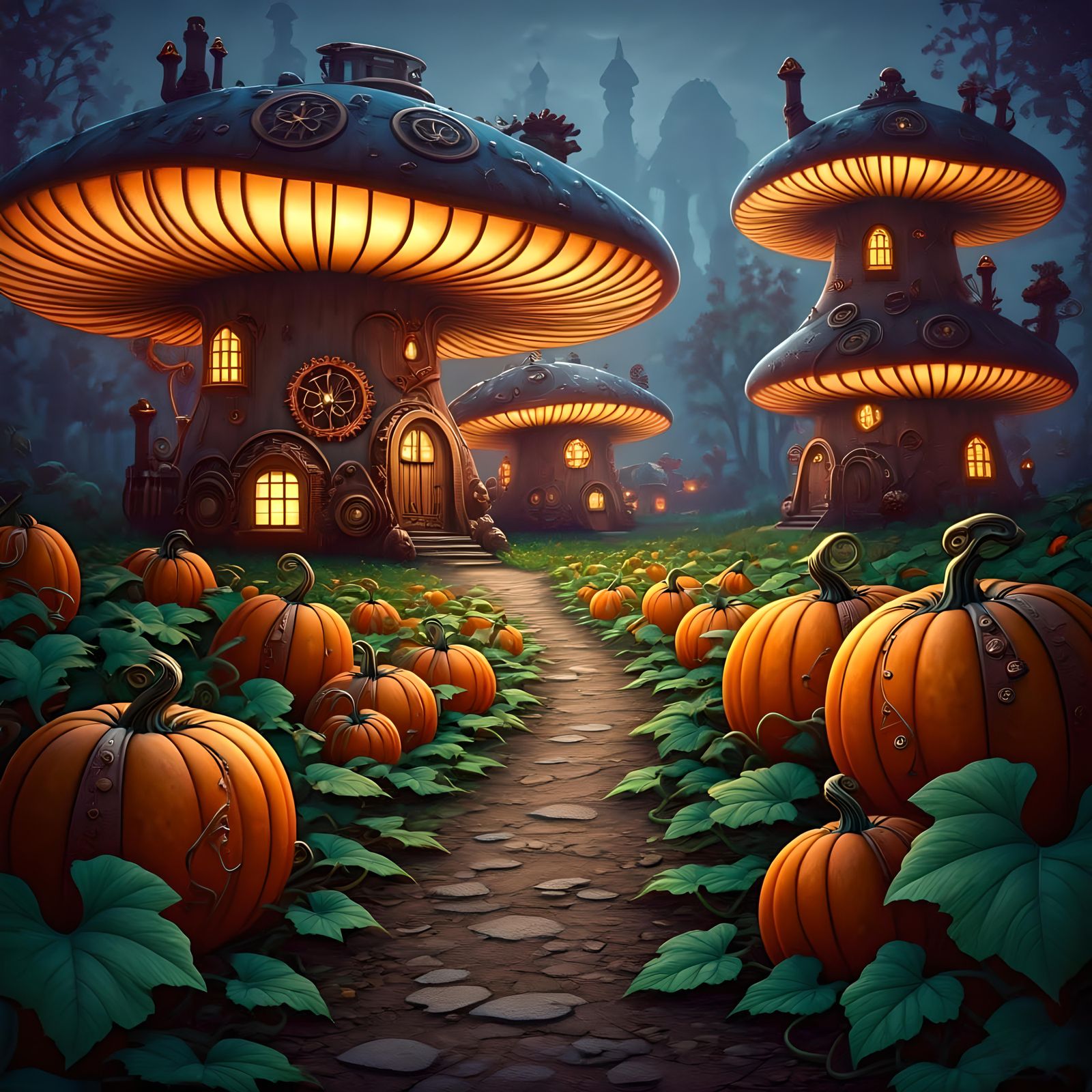 Steampunk Pumpkin Patch with Mushroom Houses