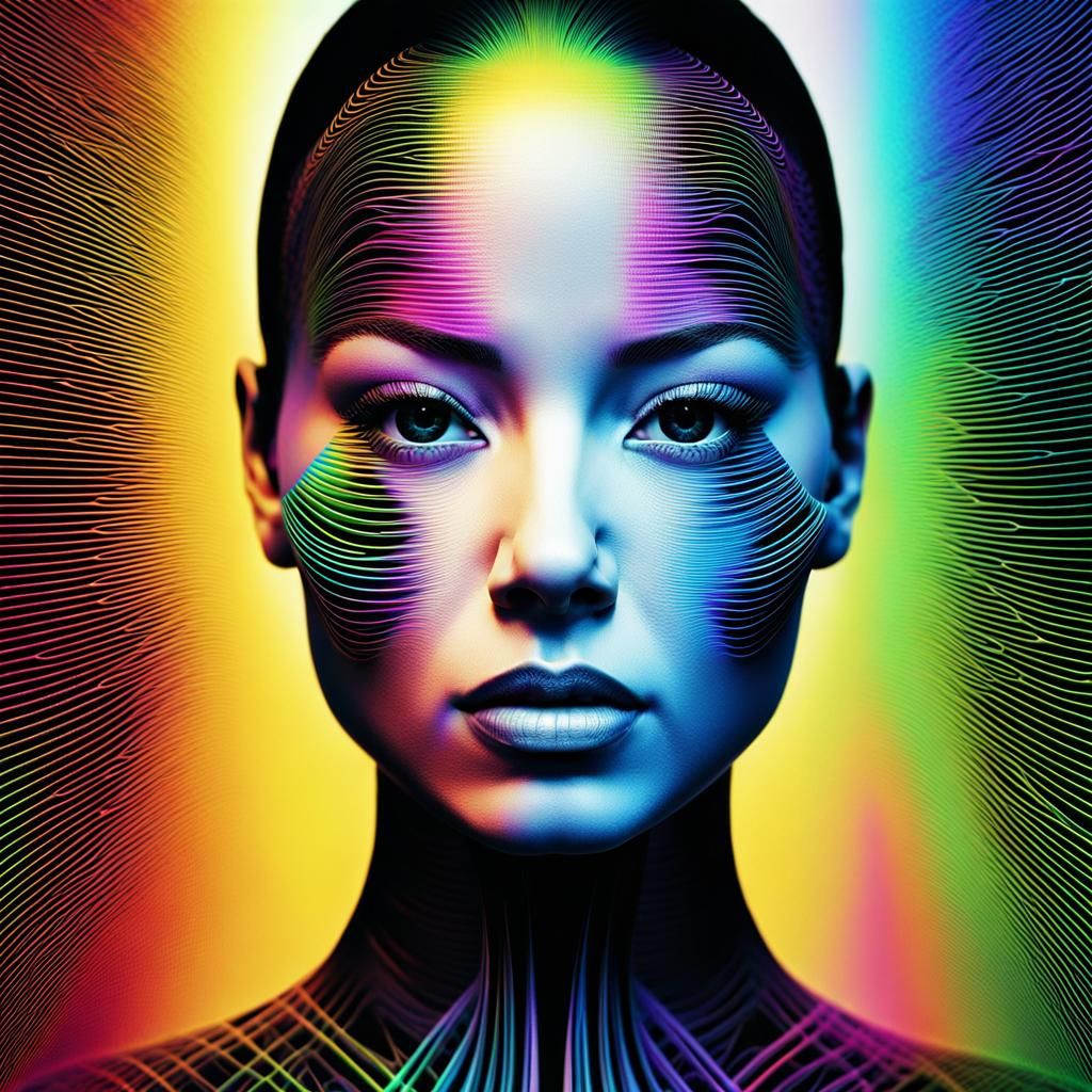 Surreal Android Wireframe Face in Vibrant Digital Art