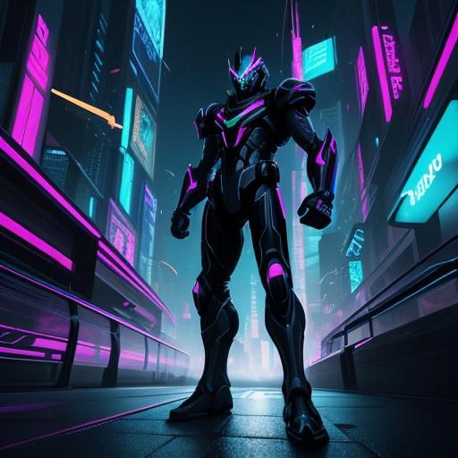 Iczer One Charging in Neon Cityscape, Sci-Fi Art