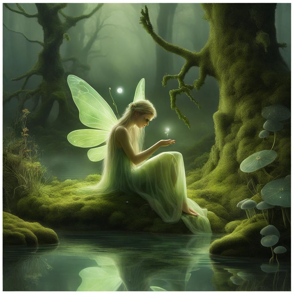 Fairy Wings Reflected in Moonlit Forest Pool