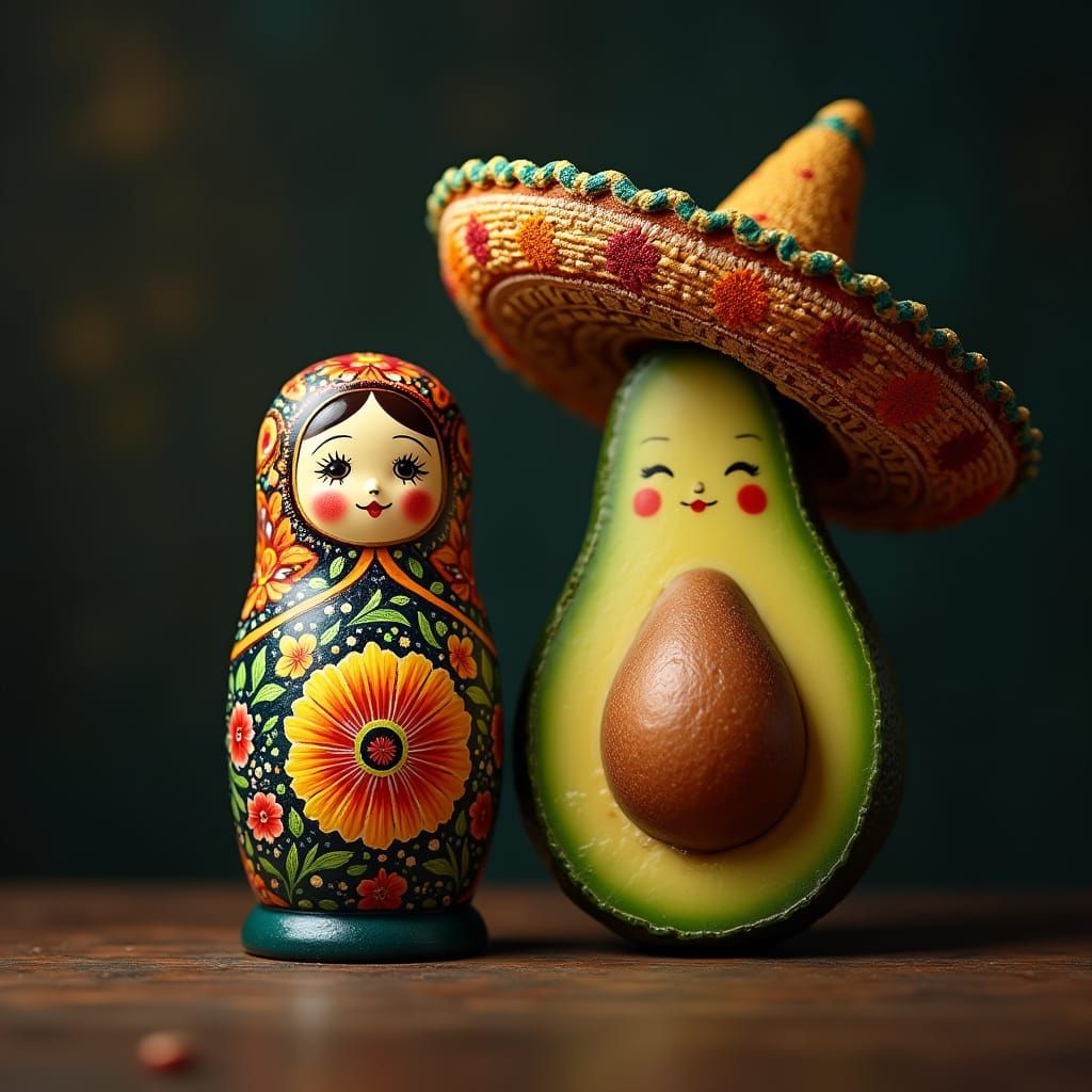 Matryoshka Doll and Avocado in Cinematic Digital Art