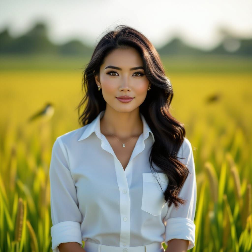 Hyperrealistic Portrait in Rice Paddy, Cinematic Film Still