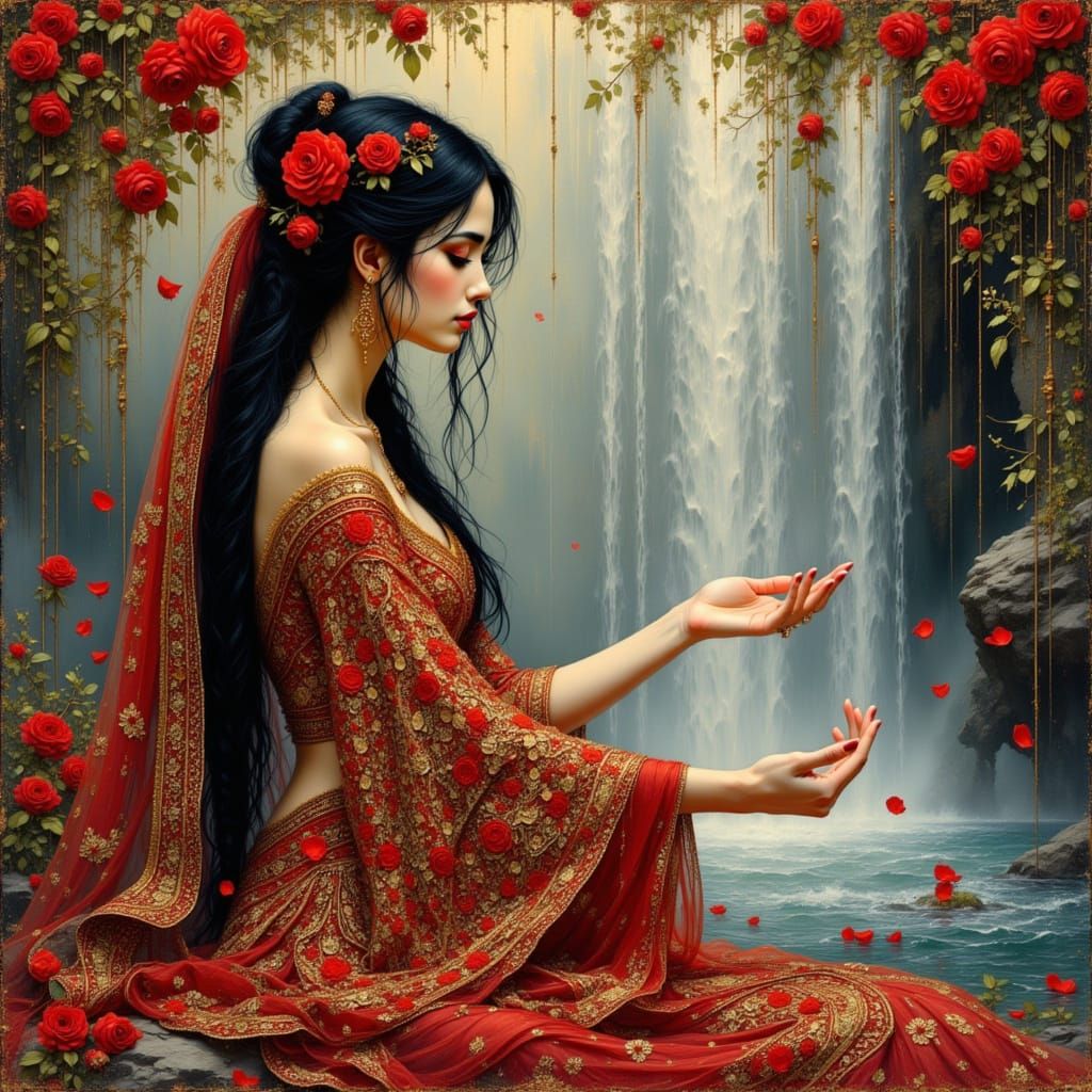 Middle Eastern Woman at Waterfall in Art Nouveau Style