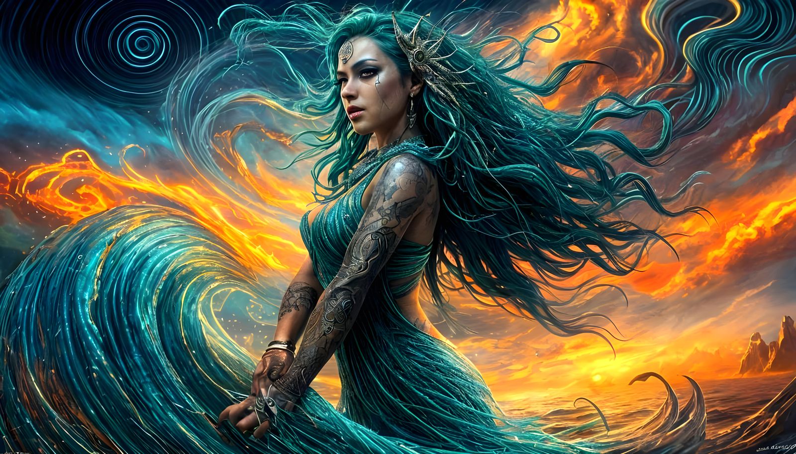 Hideous Sea Witch Siren Luring Sailor: Hyperrealistic Splash...