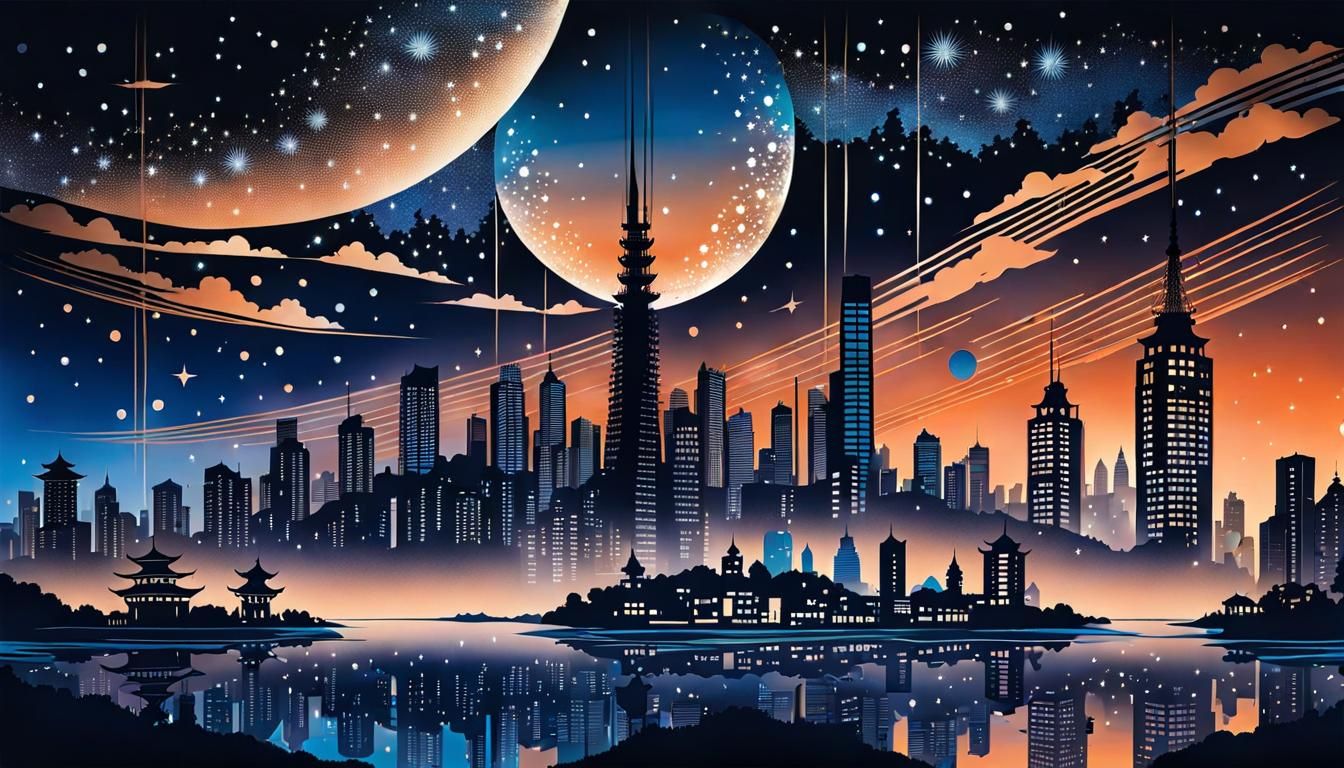 Night Cityscape Silhouette in Hokusai Style