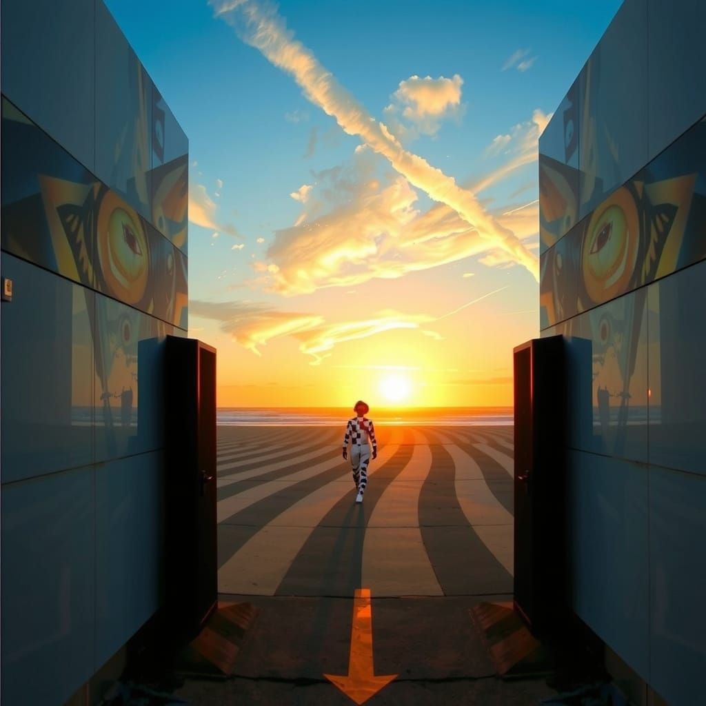 Geometric Harlequin Figure in Optical Illusion Maze