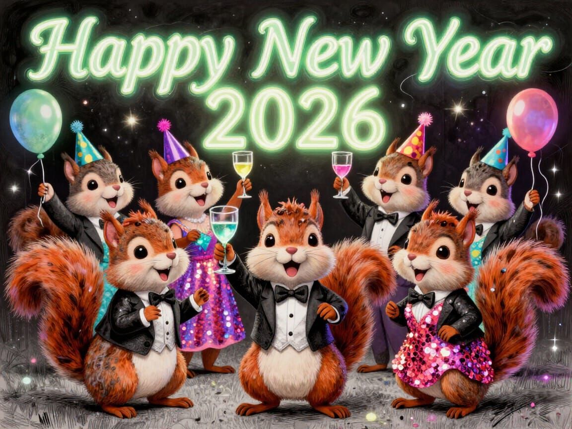 Whimsical Squirrels Celebrate New Year 2026 in Neon Style