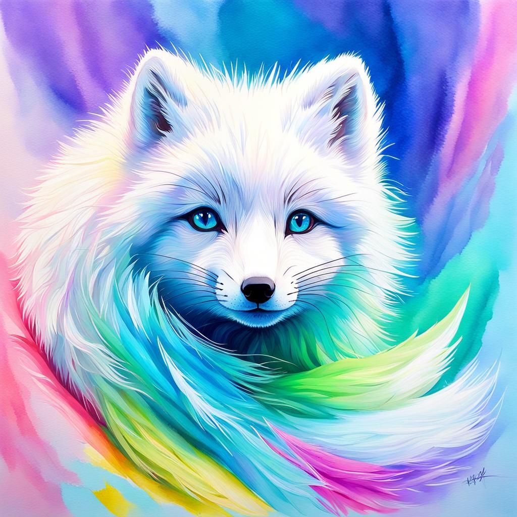 Neon Arctic Fox Portrait in Gouache and Watercolor