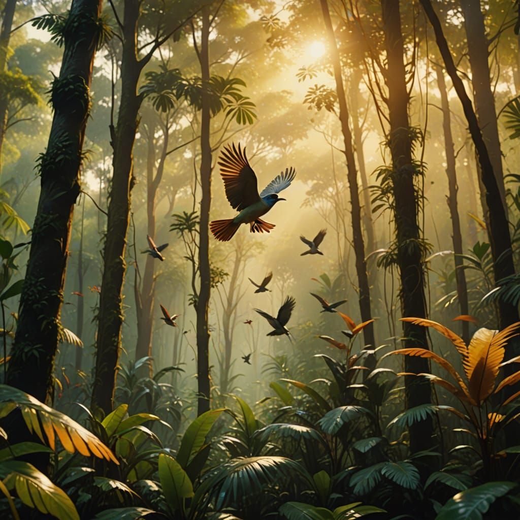 Birds in Rainforest: Cinematic Oil Painting with Golden Mist