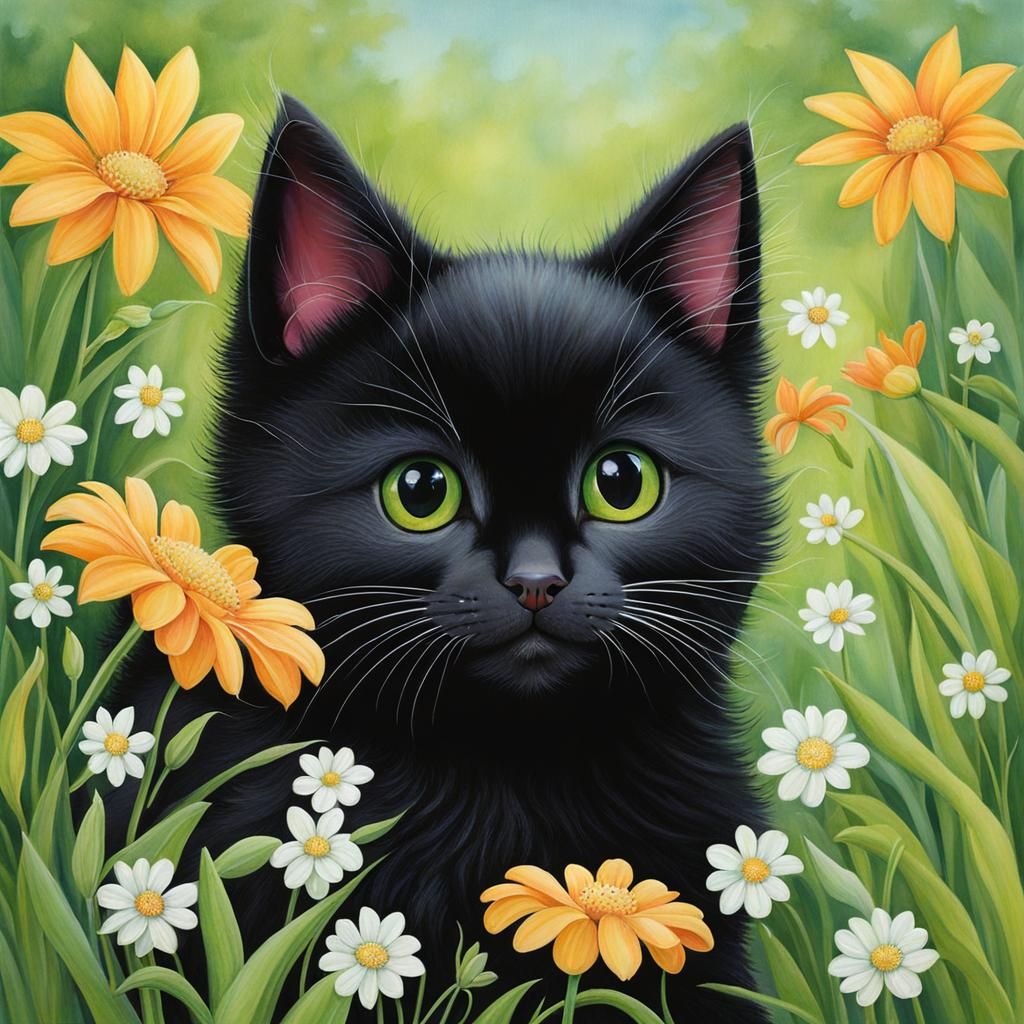 Black Kitten in Spring, Whimsical Fairytale Art