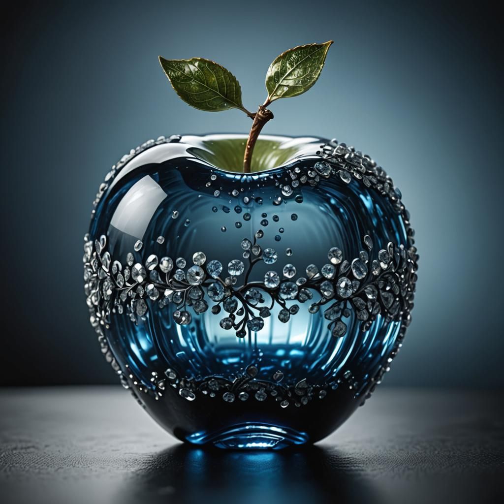 An apple made of blue glass and diamonds