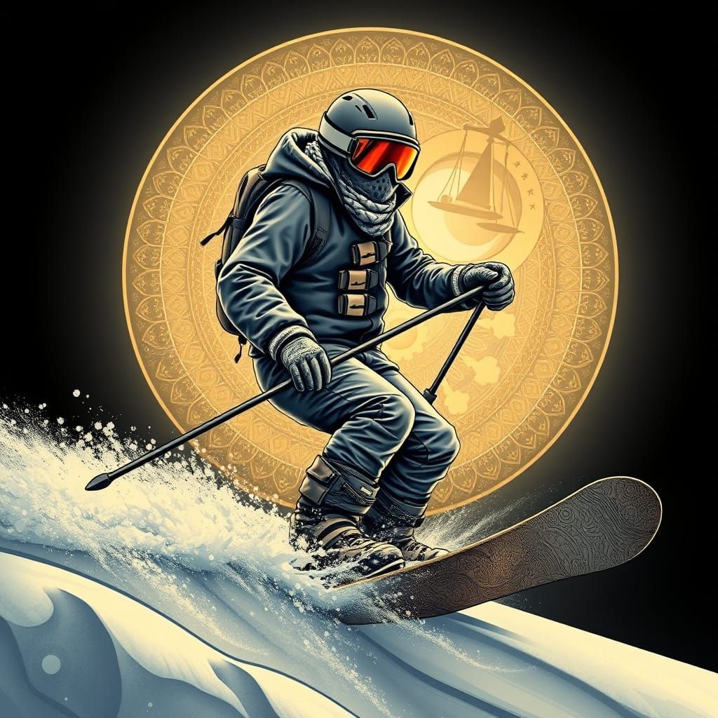 Steampunk Snowboarder Confronts Avalanche with Abstract Elem...