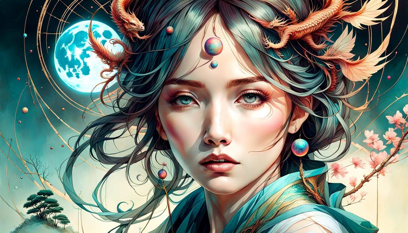 Art Nouveau Korean Woman with Dragons and Moonscape