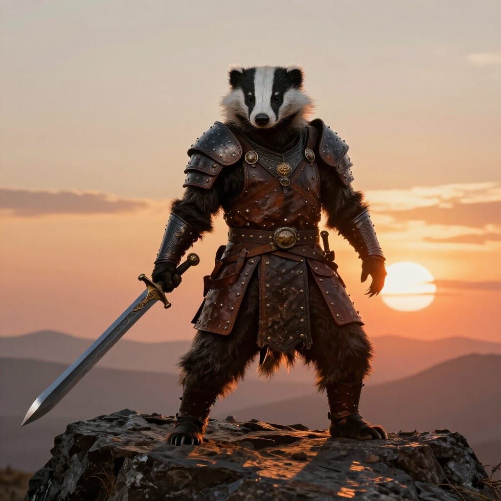 Epic Fantasy Badger Warrior with Broadsword at Dawn