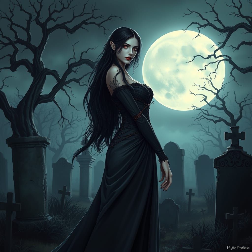 Ethereal Vampire in Moonlit Graveyard, Dark Fantasy Style