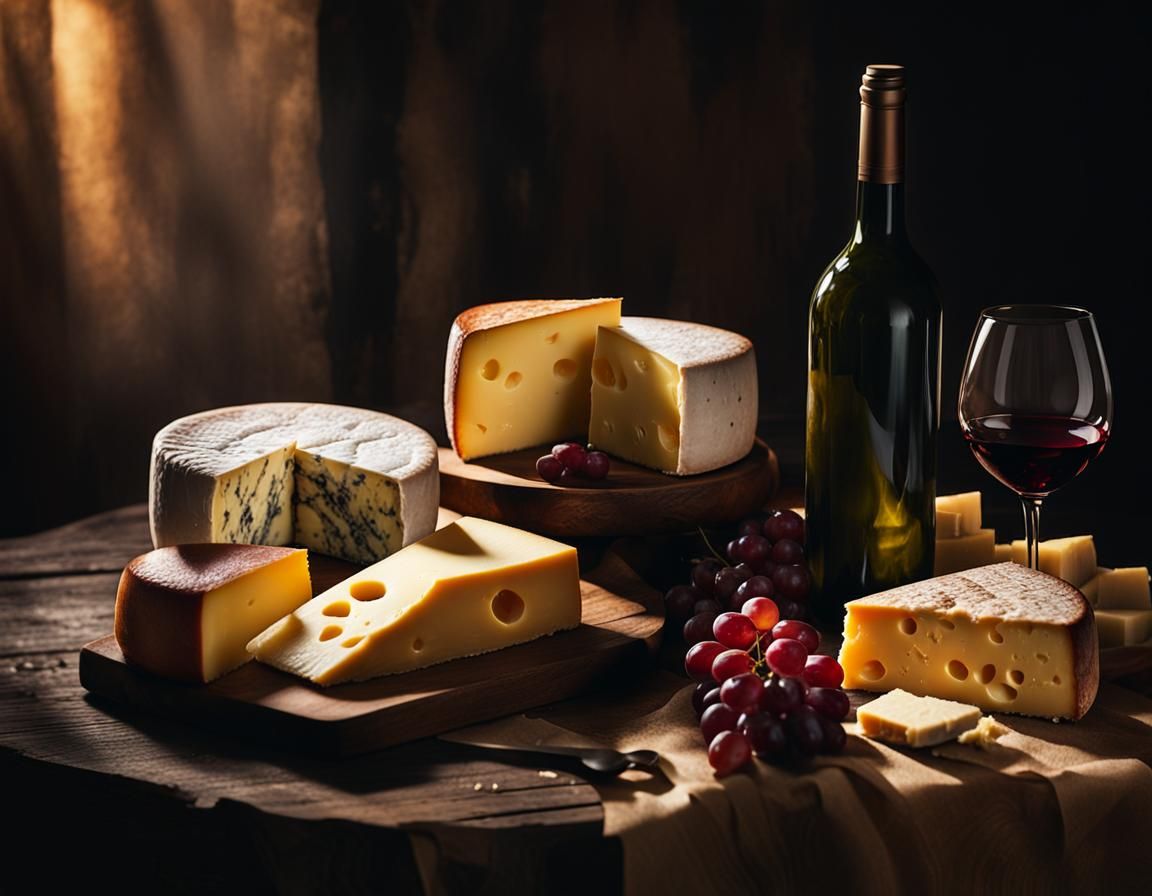 Still Life with Cheese and Wine as Oil Painting
