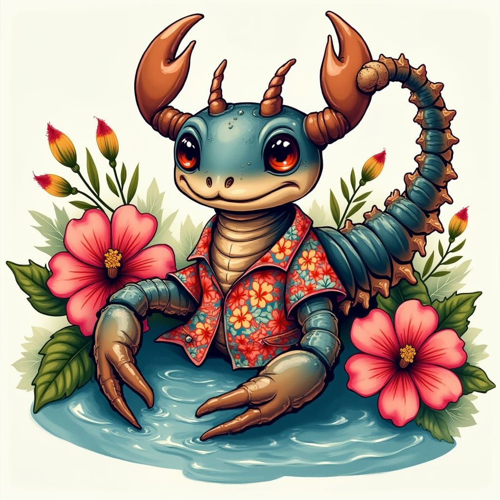 Tropical Scorpion Tattoo Design in Cartoon Style