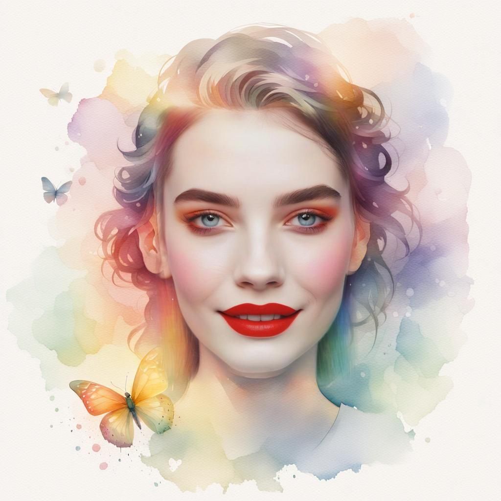 Woman with Black Hair, Red Lips, and Rainbow Effect